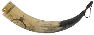 Powder Horn,
12", scrimshaw British Coat of Arms,
Crown Point Fort, raised lip for strap